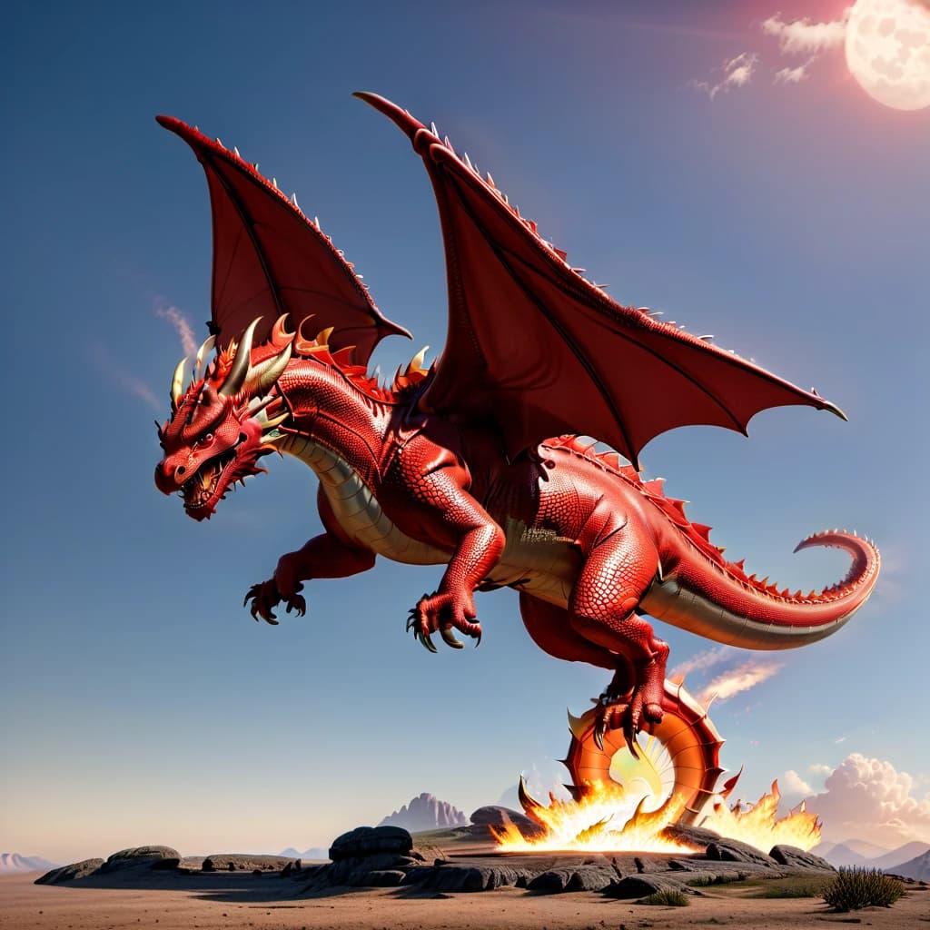 Full-length 3D dragon, pixar style, dragon illumination from all sides, dragon in a 3/4 turn, red dragon, with wings, dragon soars in the air, dragon looks into the camera, fire bursts out of the dragon's mouth, painted scales on the dragon's skin, funny facial expressions, minimalism, direct soft light, outlined in red light.