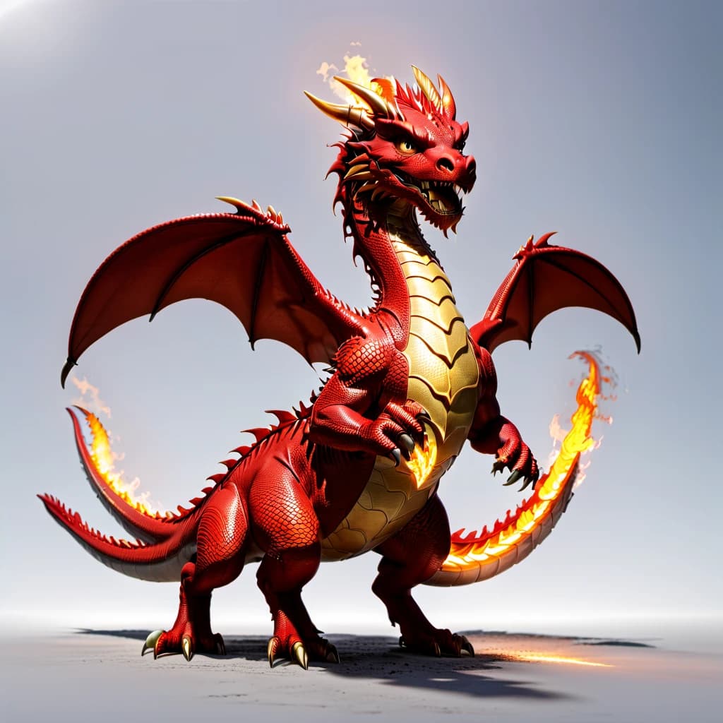 Full-length 3D dragon, pixar style, dragon illumination from all sides, dragon in a 3/4 turn, red dragon, with wings, dragon soars in the air, dragon looks into the camera, fire bursts out of the dragon's mouth, painted scales on the dragon's skin, funny facial expressions, minimalism, direct soft light, outlined in red light.