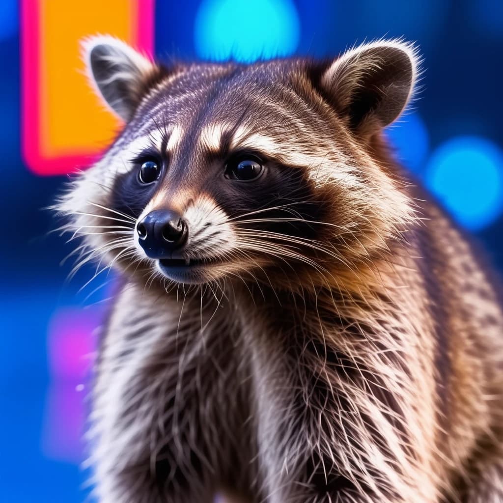 Raccoon looks away, blue rays on neon background, in the rain