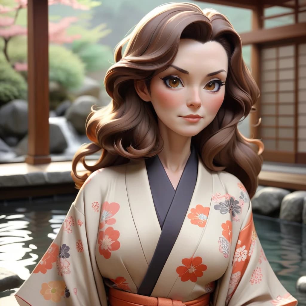 Mature woman, kimono, retro anime style, long wavy brown hair, in an onsen
