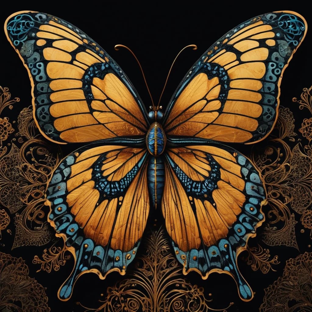 Digital Image. Close-up with double exposure and smooth textures. Flight of a black (butterfly :: 1,3). With intricate ribbed zentangle patterns on butterfly wings:: mudehar, plateresco. Background: depth, perspective, fracture, thin neon flame-colored threads glowing on a complex black textured background. Intricate abstraction with blurred, smoky floral elements of cold shades and swirls of dark golden rocaille. Stylistics: rocaille, surrealism, zentangle, gothic, plateresco. In the manner of Klimt, Tatiana Suarez, Dürer, William Blake. High quality and detail.  HDR.