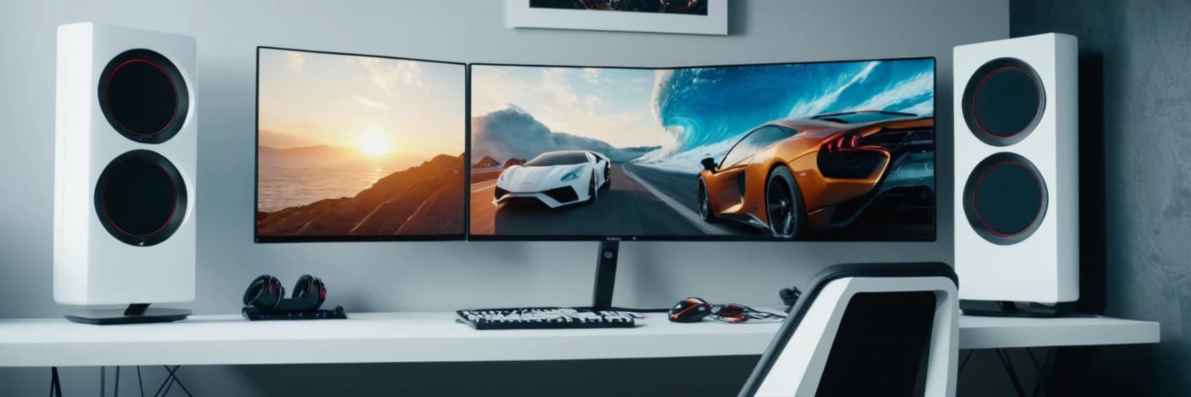 white pc gaming room, 8k resalution, 2 monitors, white table, 3d panels on wall,
