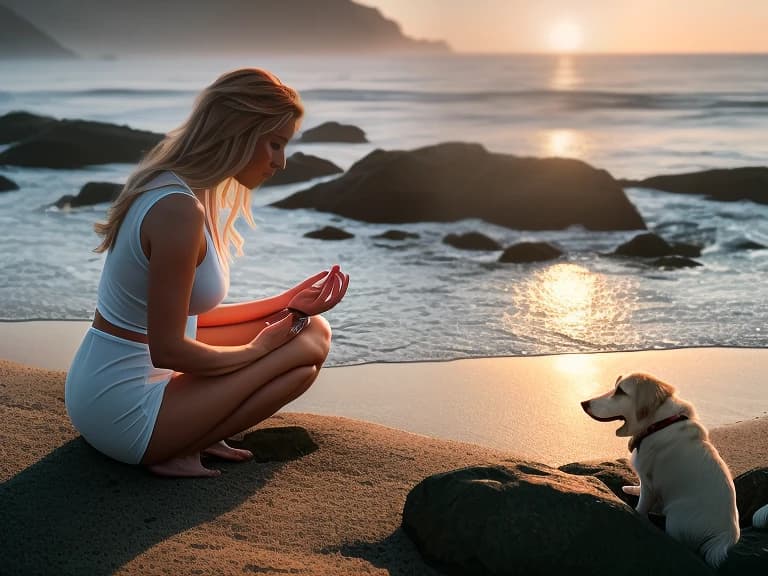 A pretty girl of 30 is meditating on the seashore. Her dog sits next to her and looks into the distance. The sea is calm, small ripples on the surface of the water. The sun is shining.