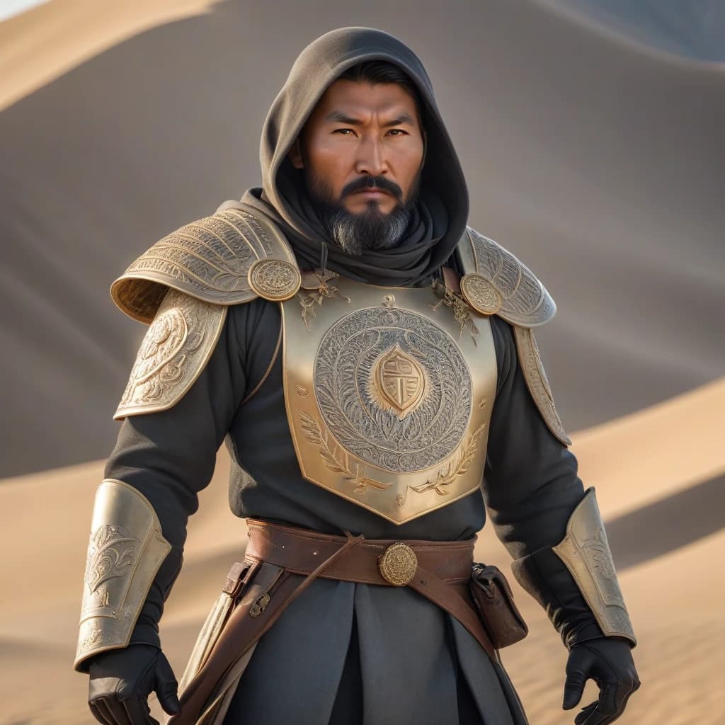 A Kyrgyz hero in national armored clothing stands on top of a dune during sunrise. Male hero, 35-40 years old. Black hair with a beard, courageous and self-confident. There is a large hood on the head. Hero of Kyrgyz nationality. The outerwear has an embossed coat of arms of the Kyrgyz Republic. Add some Kyrgyz national patterns to your clothes.