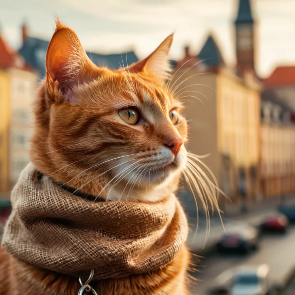 Рыжий кот с коричневым мешочком на шее смотрит в даль города