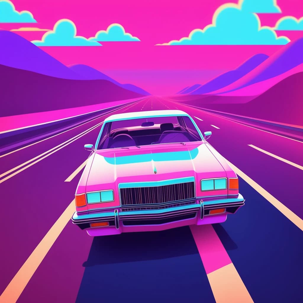 Автомобиль едет по шоссе в стиле retrowave