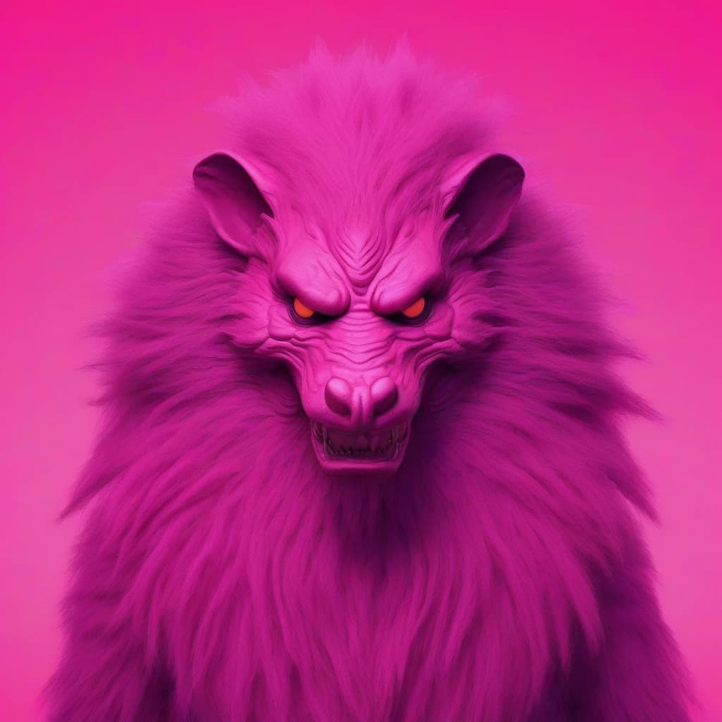 Gradient pink background, in the frame a creature from the king of another hairy planet with an unusual head, he looks into the frame looking evil. High resolution portrait shot, HD FULL quality, elaborate character textures, scene size 1080x1920 --style raw --stylize 300 --v 6.0 ---sref