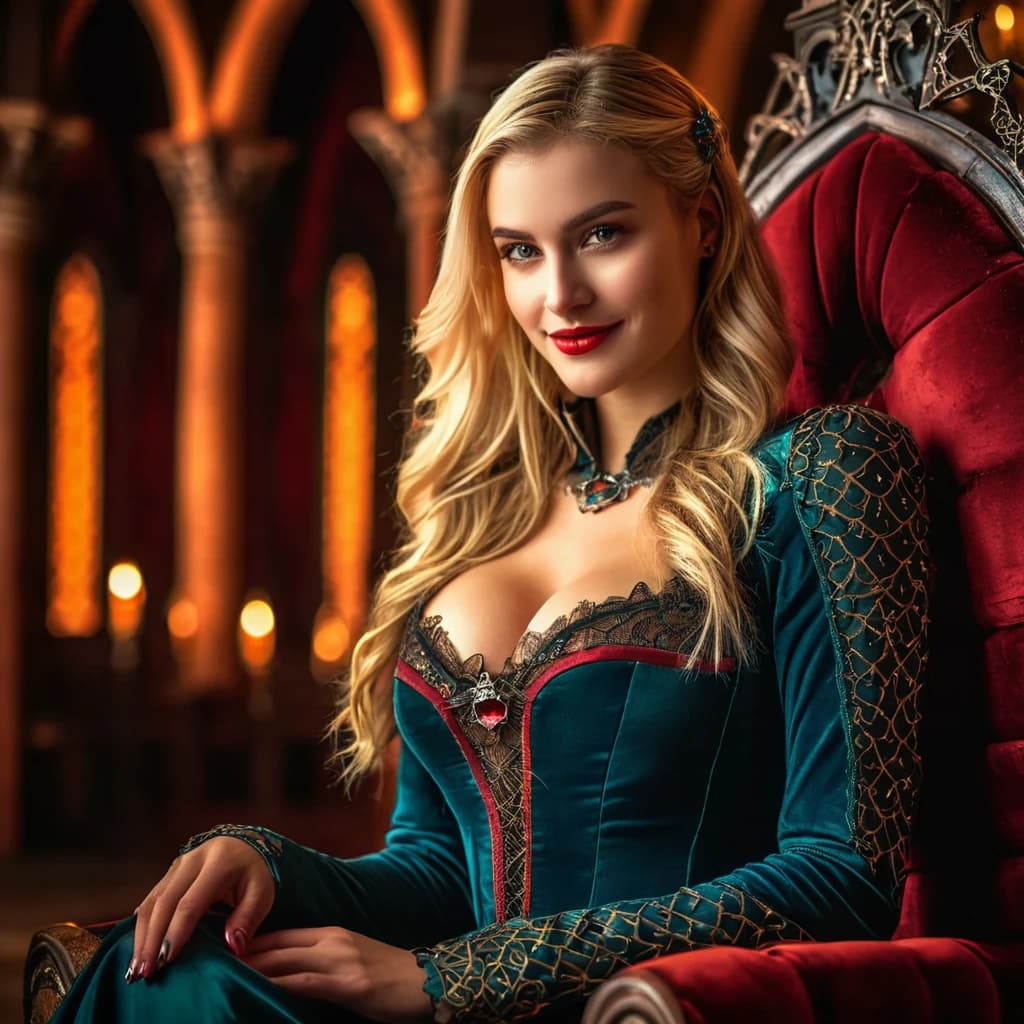 beautiful girl, cyberpunk, blonde, vampire, beautiful smile, sitting on a throne, in a beautiful outfit. night, Dracula's castle. (dark shot:1.17), epic realistic, faded, ((neutral colors)), art, (hdr:1.5), (muted colors:1.2), hyperdetailed, (artstation:1.5), cinematic, warm lights, dramatic light, (intricate details:1.1), complex background, (rutkowski:0.8), (teal and orange:0.4), Details, ((intricate details)), hdr, ((intricate details, hyperdetailed))