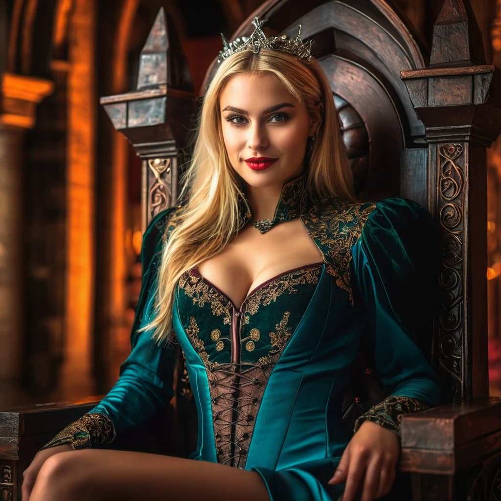 beautiful girl, cyberpunk, blonde, vampire, beautiful smile, sitting on a throne, in a beautiful outfit. night, Dracula's castle. (dark shot:1.17), epic realistic, faded, ((neutral colors)), art, (hdr:1.5), (muted colors:1.2), hyperdetailed, (artstation:1.5), cinematic, warm lights, dramatic light, (intricate details:1.1), complex background, (rutkowski:0.8), (teal and orange:0.4), Details, ((intricate details)), hdr, ((intricate details, hyperdetailed))