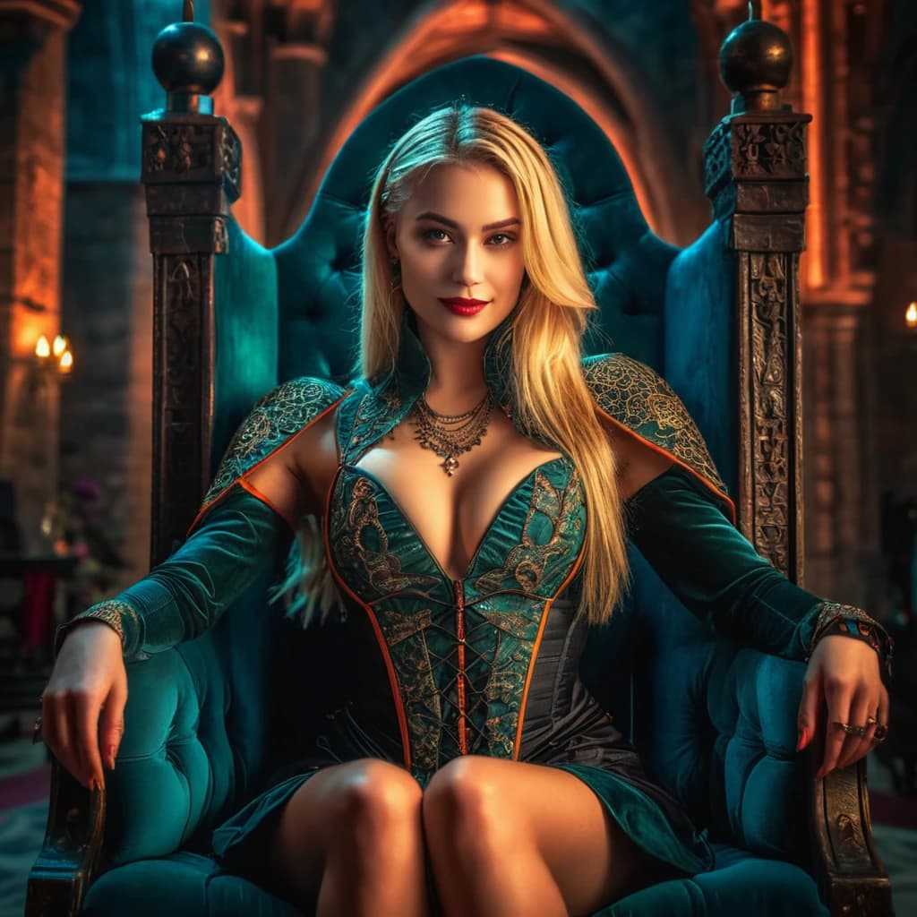beautiful girl, cyberpunk, blonde, vampire, beautiful smile, sitting on a throne, in a beautiful outfit. night, Dracula's castle. (dark shot:1.17), epic realistic, faded, ((neutral colors)), art, (hdr:1.5), (muted colors:1.2), hyperdetailed, (artstation:1.5), cinematic, warm lights, dramatic light, (intricate details:1.1), complex background, (rutkowski:0.8), (teal and orange:0.4), Details, ((intricate details)), hdr, ((intricate details, hyperdetailed))