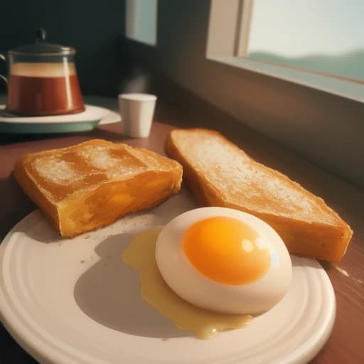 Studio photograph of a minimalist retro cats breakfast scene, soft morning light streaming in from the left, vintage 1960s diner-style ceramic coffee cup with steam rising, perfectly crispy toast on a mint green melamine plate, pat of butter slowly melting, sunny side up egg with vibrant orange yolk, detailed food photography, shallow depth of field, pastel color palette, clean composition, high-end product photography style, diffused lighting, matte finish, hyperrealistic details