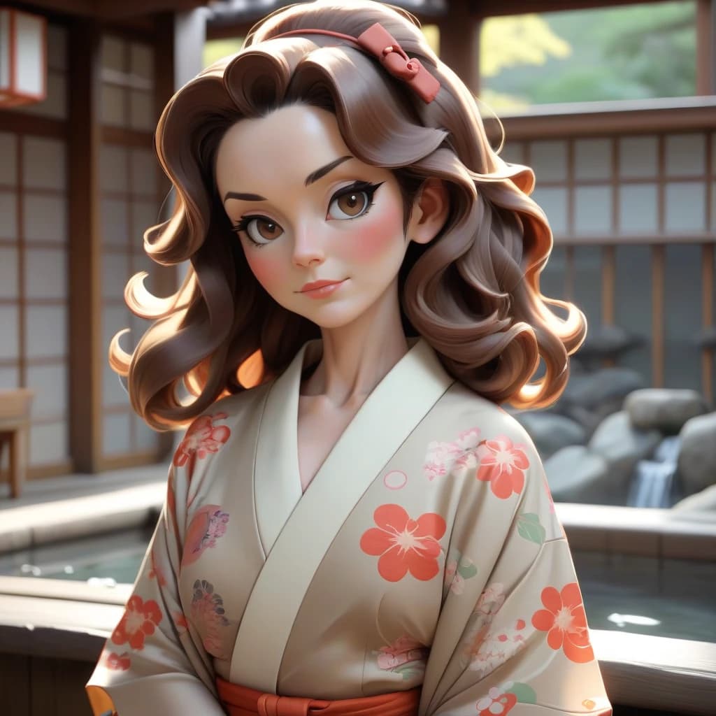 Mature woman, kimono, retro anime style, long wavy brown hair, in an onsen