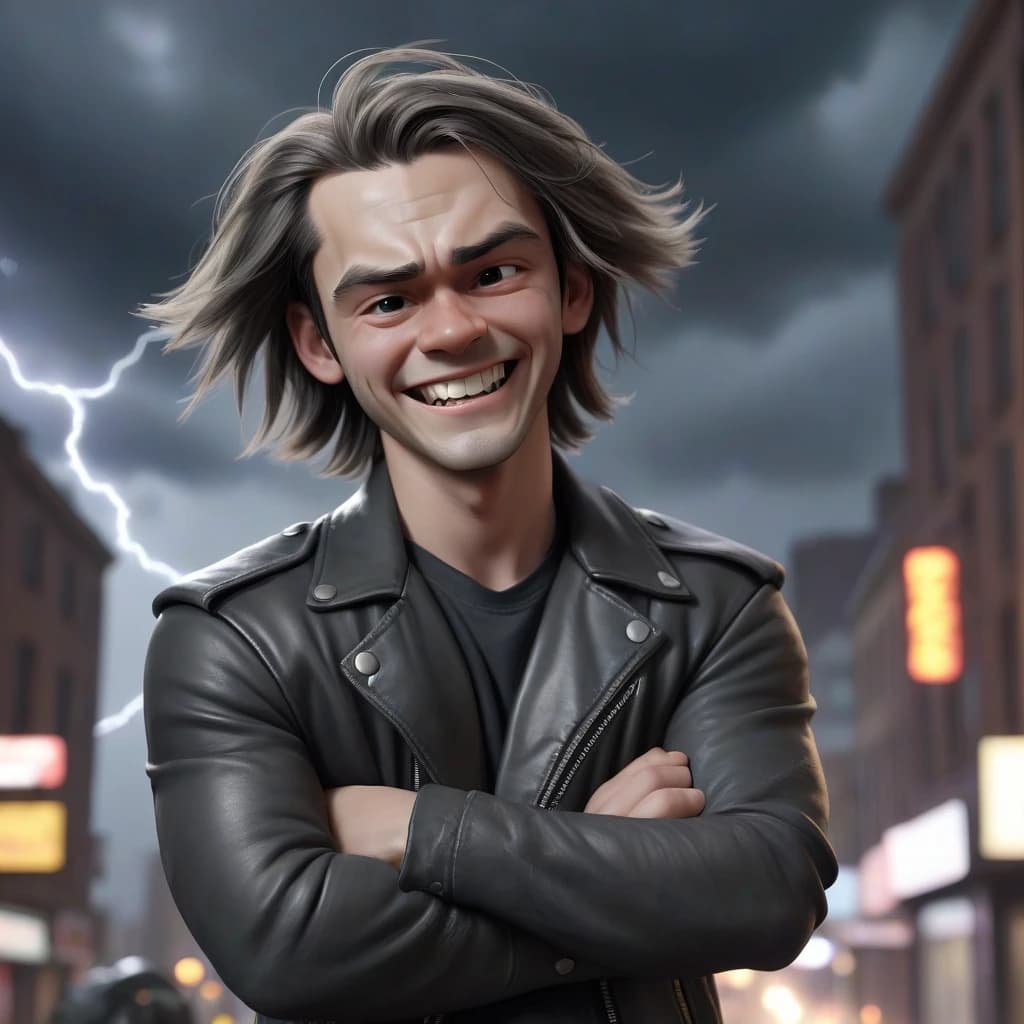 A young man with shoulder-length hair and a gray streak, laughing angrily, stands with his arms crossed over his chest. He wears a black leather jacket and dark clothing. The scene is set in the midst of swirling chaos, with thunderstorms and flashes of lightning.