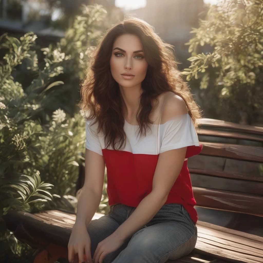 ((perfect photograph)), ((realistic)), ((8k)), ((beautiful bright eyes)), (perfect face) ((really long red t-shirt)), super small breasts, gorgeous face with beautiful makeup, white women with dark wavy hair, black jeans, standing towards the camera, sunny day at the park, torso facing camera, sitting on bench outside, lots of plants, beautiful eyes, smirking