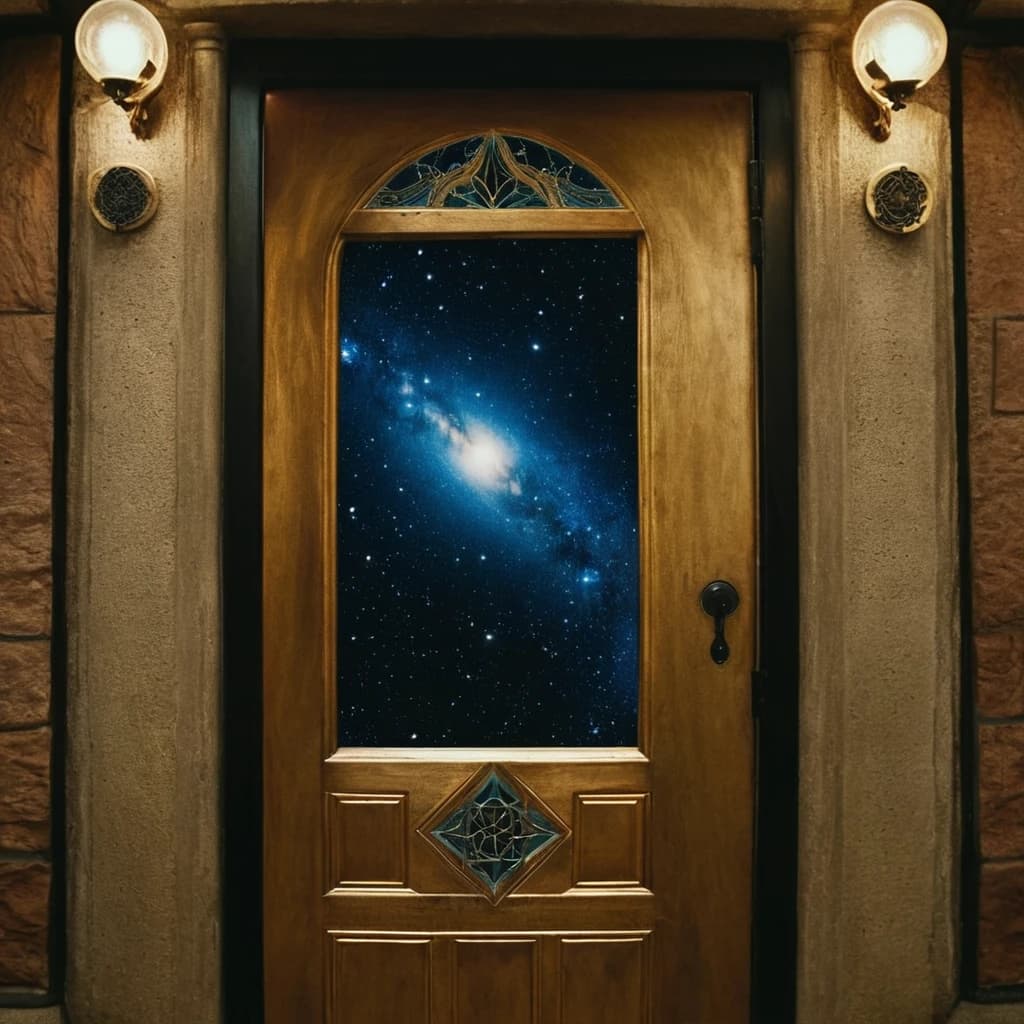 Tattoo: in the space of revelation there is a door opening onto the dimension of wonders in the style of Neil Gaiman