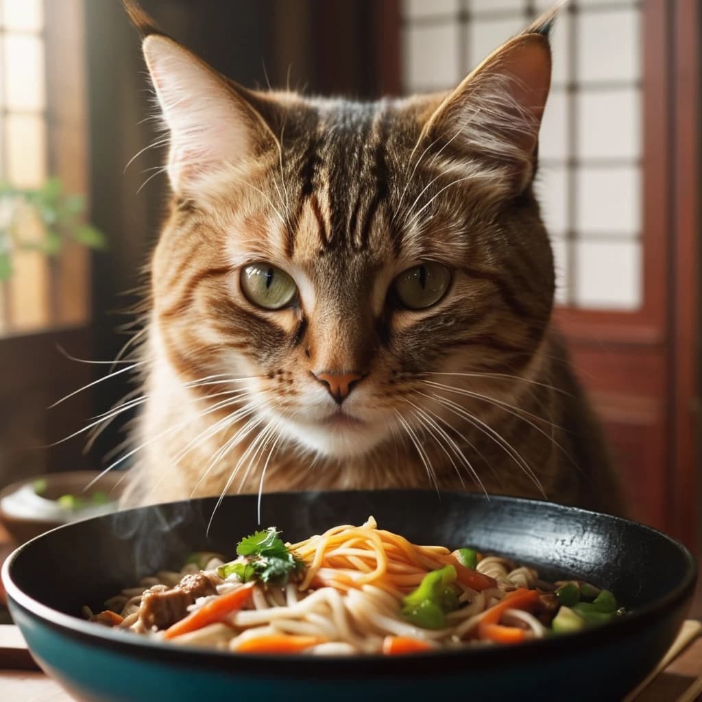 Cat eats WOK with chopsticks in the north in anime style