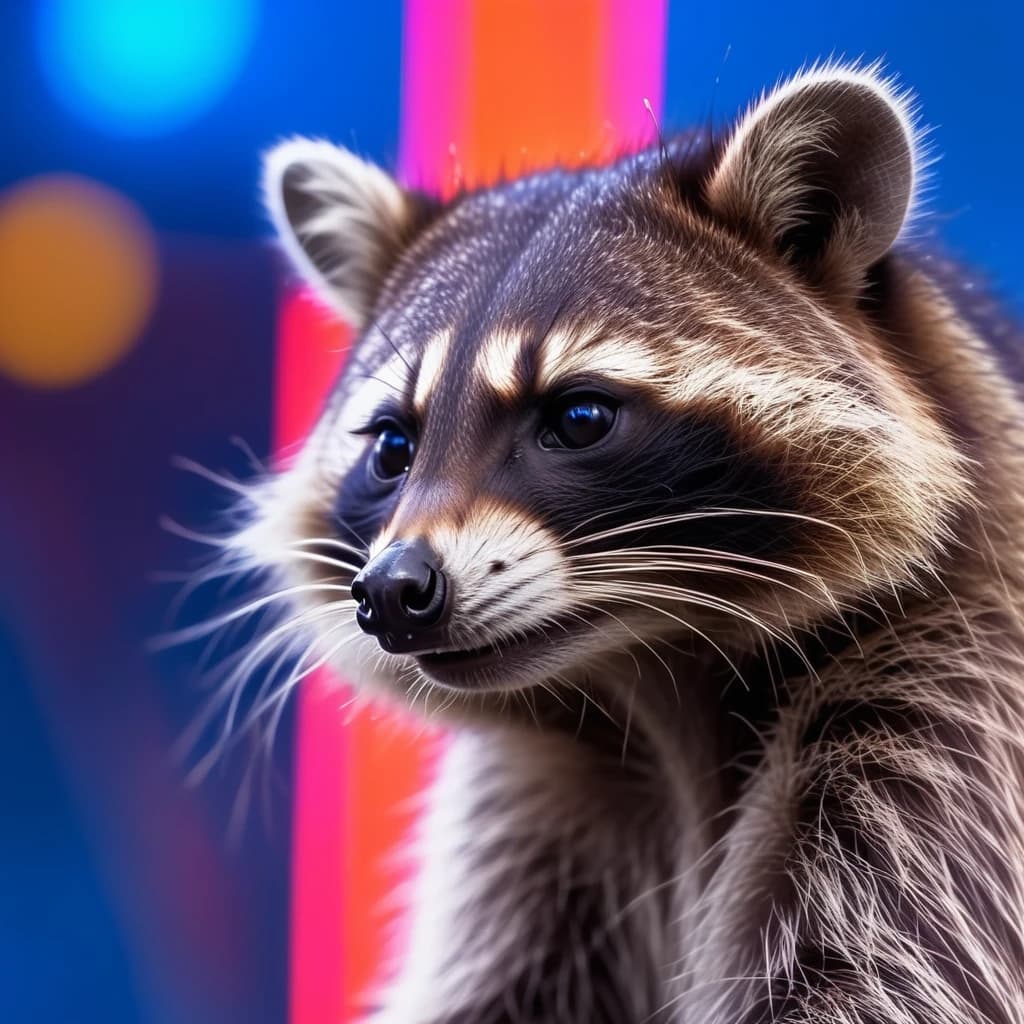 Raccoon looks away, blue rays on neon background, in the rain