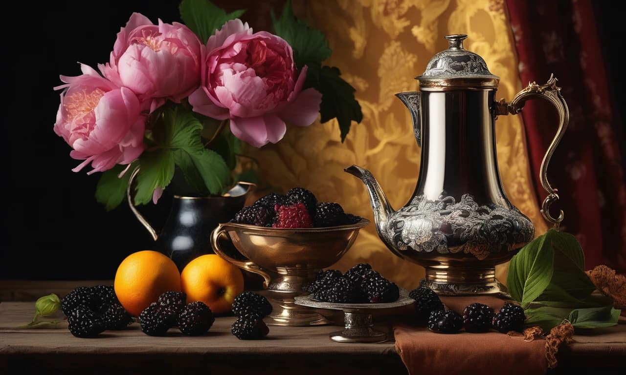 Натюрморт. Викторианский стиль. Рисунок маслом. Пышный букет пионы. Чайный сервиз., ваза и кувшин, заварник и чашки в технике клуазоне,черное и золото, кружева, чёрная смородина. яркое освещение,  ЧАЙНЫЙ СЕРВИЗ, РАЗНОС  ваза и кувшин, заварник и чашки в технике клуазоне, черное и золото, кружева, чёрная смородина и ежевика. пирожное с чёрной и красной икрой  яркое освещение, профессиональное фото, красиво, 4k, высокое разрешение на тёмном фоне с листьями и ягодами  профессиональное фото, красиво, 4k, высокое разрешение