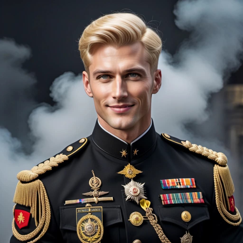 A tall blond man in a black military uniform with bright yellow eyes and short hair, full height, a wide villainous smile