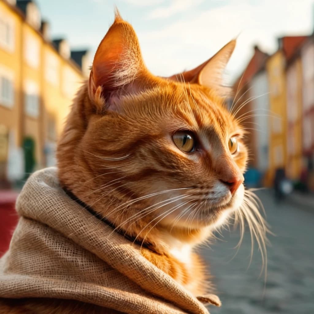 Рыжий кот с коричневым мешочком на шее смотрит в даль города