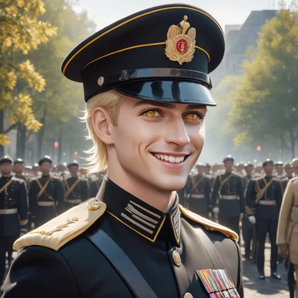 A tall blond man in a black military uniform with bright yellow eyes and short hair, full height, wide smile