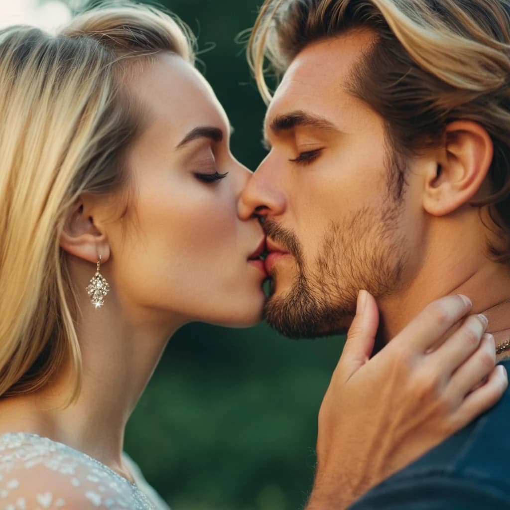 Brunette man and blonde girl kissing
