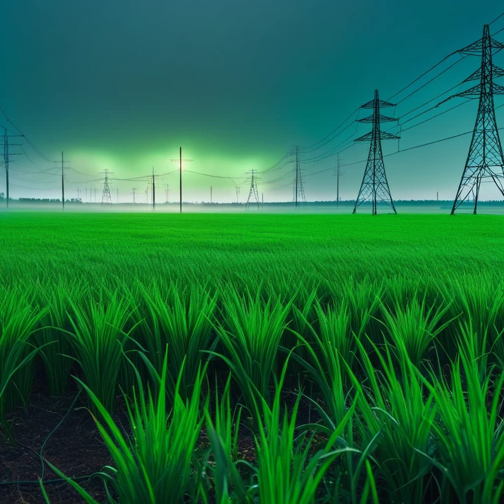 a field of green grass with power lines in the background, vector technical documents, electrons, panoramic photography, unsplash, visible sky and humid atmosphere, totalitarian setting, high voltage, connected, rustic yet enormous scp (secure, oil lines, hdpe, round-cropped