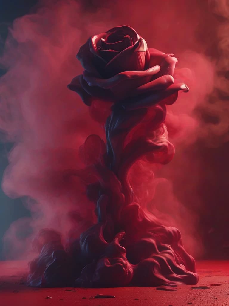 Red thick smoke in smooth colors depicts a melting rose figure against a wall background with red smoke streaming down it. Strong contrast of dramatic colors, 4k, high quality and detail. Flickering light, perfect composition, beautifully detailed intricate insanely detailed octane render trend on artstation, 8 k art photography, photorealistic concept art, soft natural volumetric cinematic perfect light, chiaroscuro, award - winning photograph, masterpiece, oil on canvas, raphael, caravaggio, greg rutkowski, bipple, bexinski, hyger