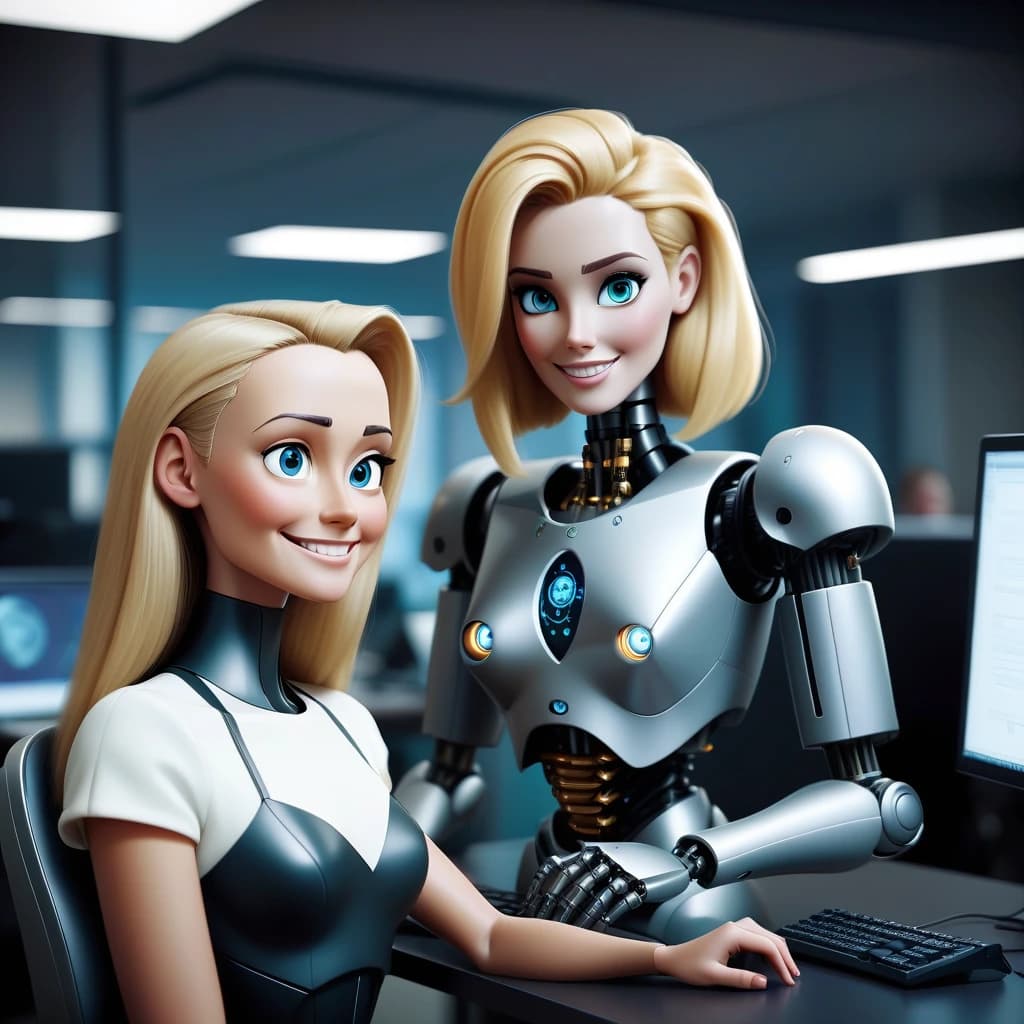 The male robot and the beautiful human-woman with blonde hair are working successfully together at the computer. Both the robot and the woman look friendly and are smiling. They eare working in the modern office. Superrealism. High quality