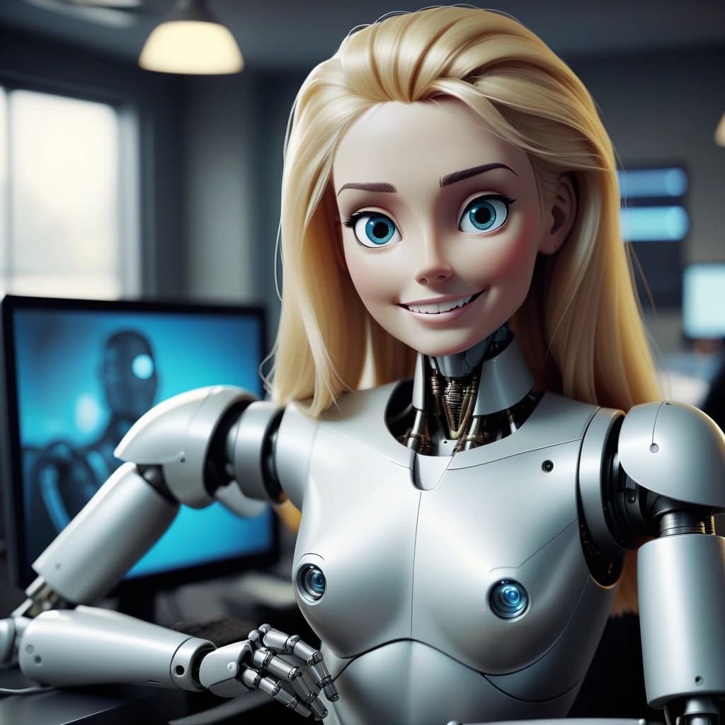 The male robot and the beautiful human-woman with blonde hair are working successfully together at the computer. Both the robot and the woman look friendly and are smiling. They eare working in the modern office. Superrealism. High quality