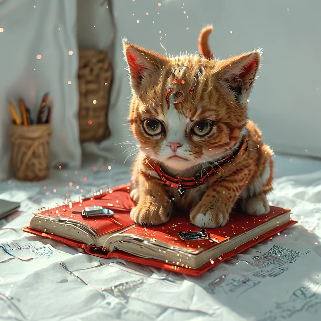 Стикер на белом фоне в стиле 3D аниме сумашедший рыжий кот смотрит в тетрадь