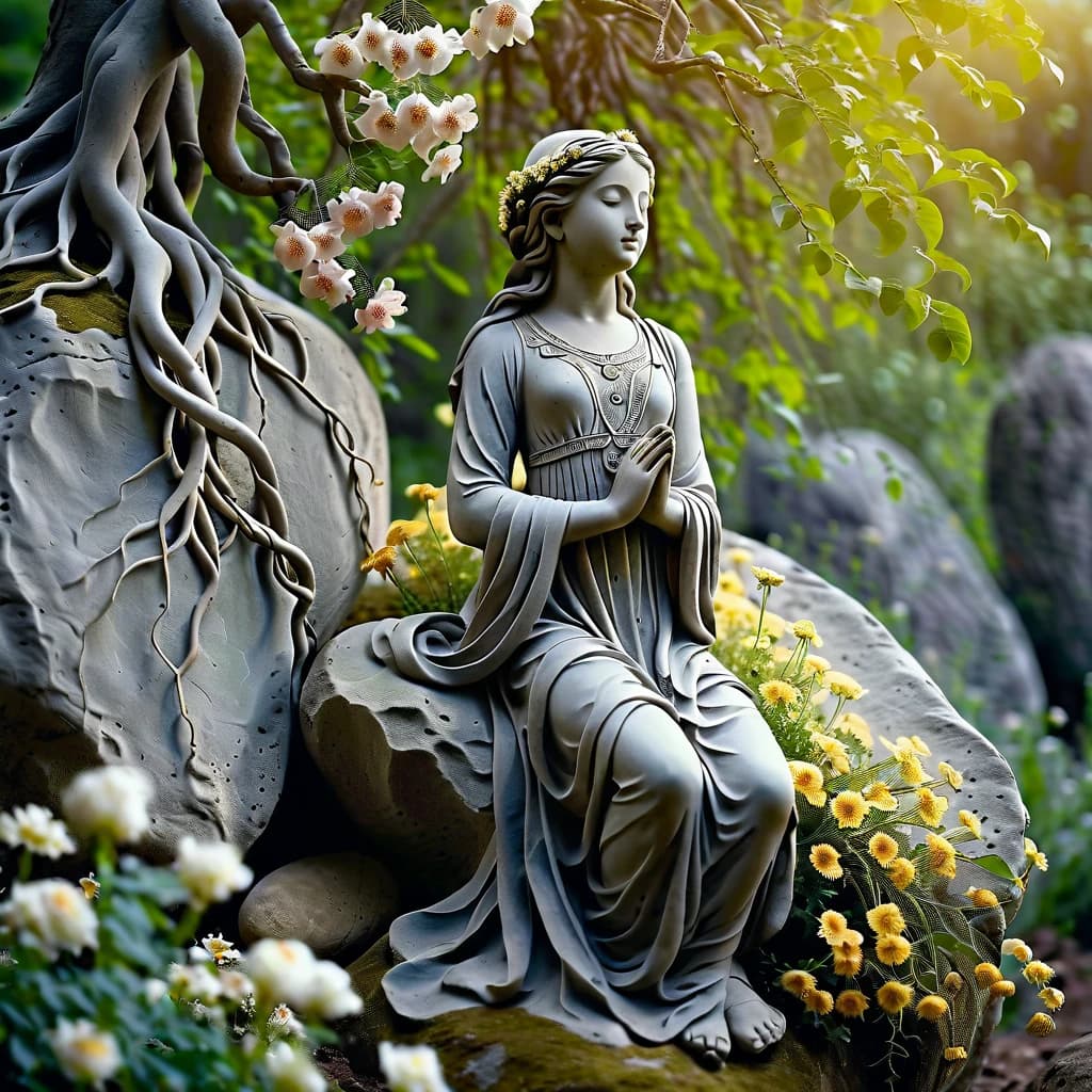beautiful grey statue of a girl in a rock, in a feminine pose, in full growth, she is wrapped in roots and flowers, she is dressed in light clothes