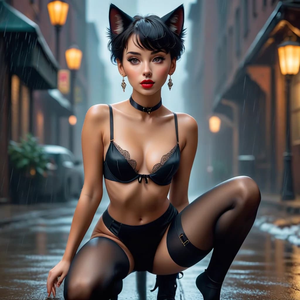 art by Diego Dayer, photograph, Art by Egon Schiele, 4K, young humanoid cat, negligee, very beautiful, exposed breasts, kneeling, short hair, black straight bangs, outside, night, rain, full body, eyes closed, mouth slightly open, long earrings, stockings with garters, lust, lots of details, highly detailed image, photorealism, provocative, black stockings, exposed breasts, sweet girl, fashion model, beautiful body, pleasant pain, sweet moan, breathing fast, anguish, very beautiful