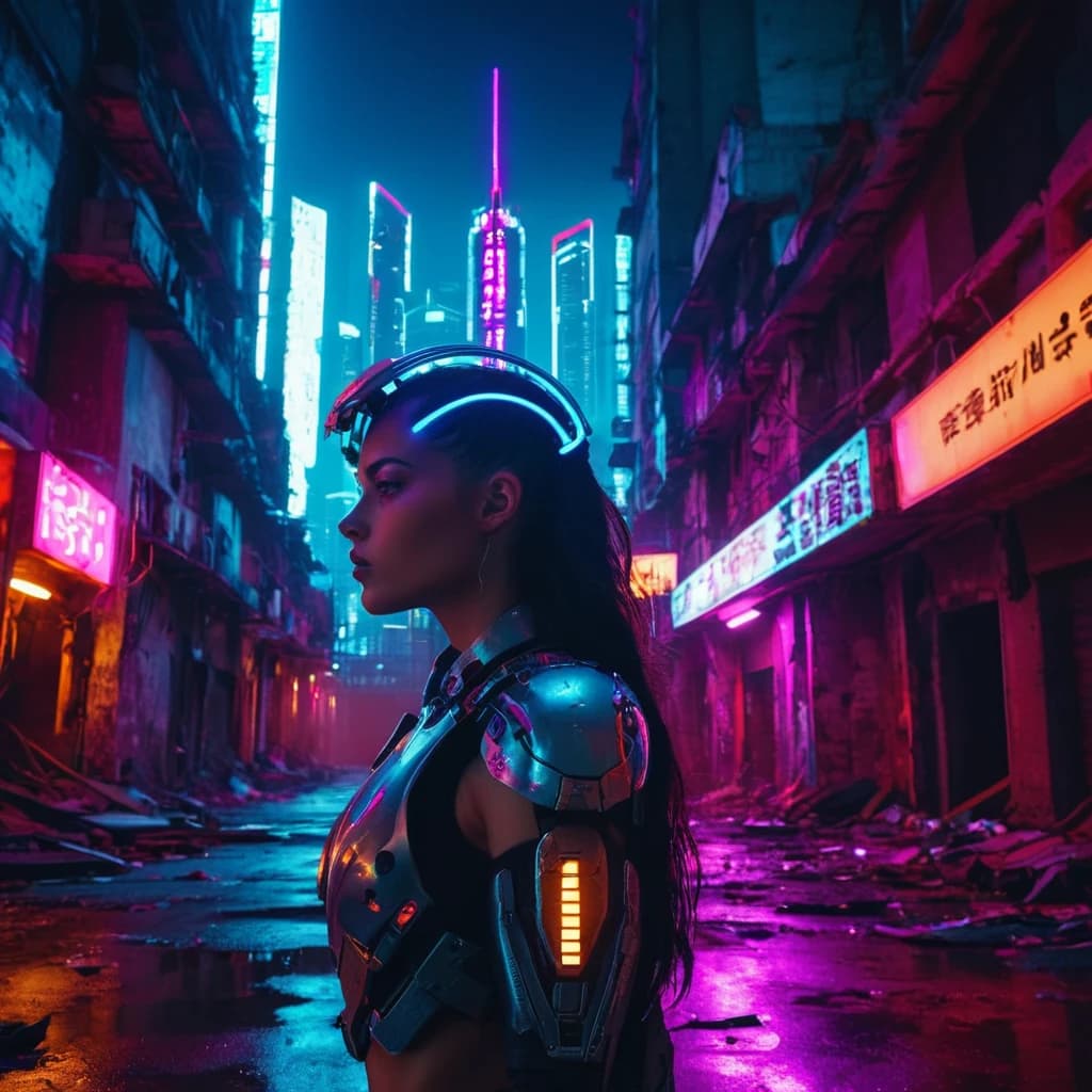 A cyborg girl with a halo over her head. It stands in a ruined and abandoned city
