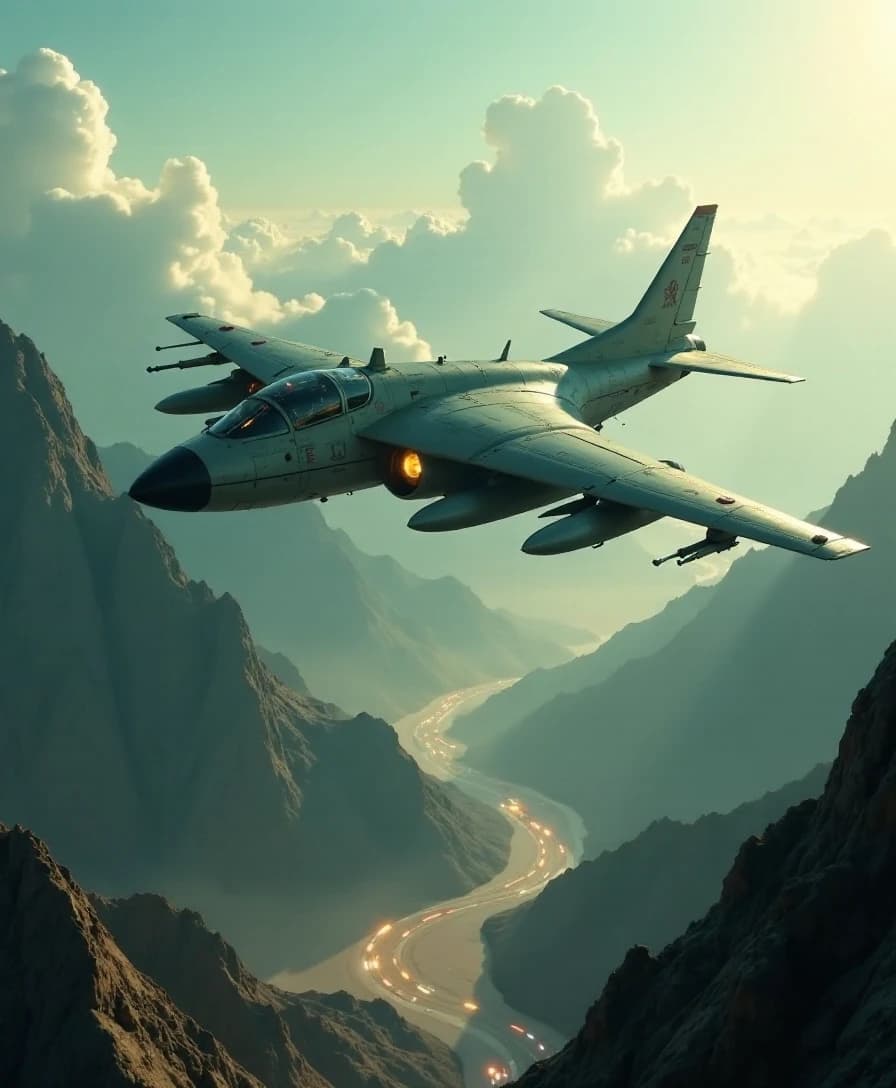 Hybrid of a strategic bomber PAK-DA and (Xiphosurida:1.4) flying above old ussr buildings