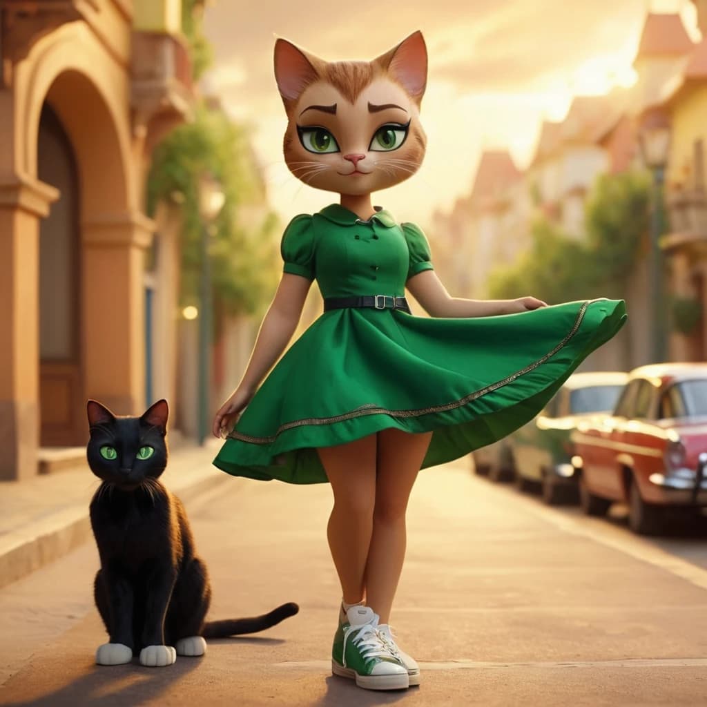A cute anthropomorphic cat woman, with woman figure, beautiful face with big green eyes, dressed in dress and sneakers, Disney cartoon style