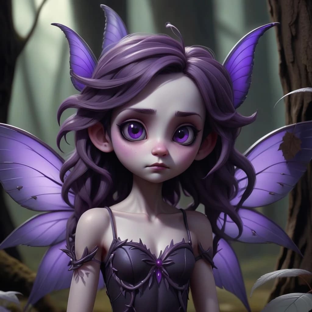 Dark willow is a small gloomy fairy with purple wings in a dark forest