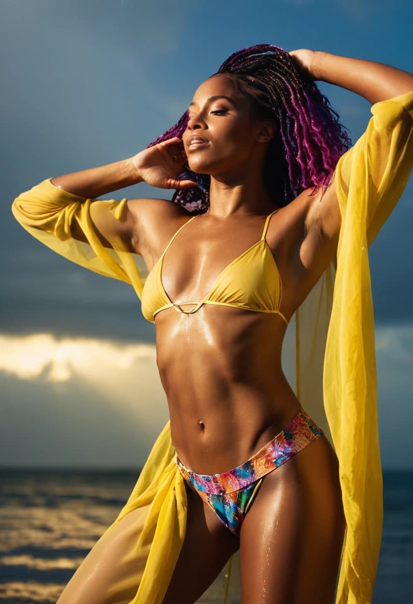 Raw Photo A stunning portrait of a Black woman, proudly showcasing her athletic and muscular physique, with long, multicolored hair cascading down her back. She is dressed in a sheer harem outfit, perfectly accentuating her toned body. The photo captures her exuberant dance in the rain during the golden hour, with sunlight peeking through the clouds. Her wet skin and clothes, along with her joyful expression, exude a sense of freedom and happiness. The overall effect of the photo is both artistic and fashion-forward, with impeccable quality and attention to detail., photo, portrait photography, fashion