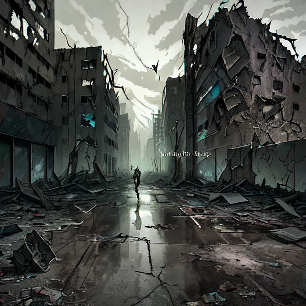 (masterpiece, post-apocalyptic, gritty:1.3), agile and athletic cyborg racing down an abandoned street littered with debris and graffiti, showcasing a desolate setting, dirty and worn details on the cyborg's mechanical parts reflecting the effects of the destroyed environment, dark colors of alcohol paint mingling with rust and dirt tones in the scenery, creating a dramatic and dark contrast, overlaid images of ruins and warning signs merging with the cyborg figure, evoking feelings of desolation and potential rebirth, dynamic pose, detailed urban decay backdrop with crumbling buildings, overgrown vegetation, ominous skies, scattered debris, muted color palette, eerie atmosphere, rugged textures, intense energy, symbolic composition hinting at resilience amidst chaos.