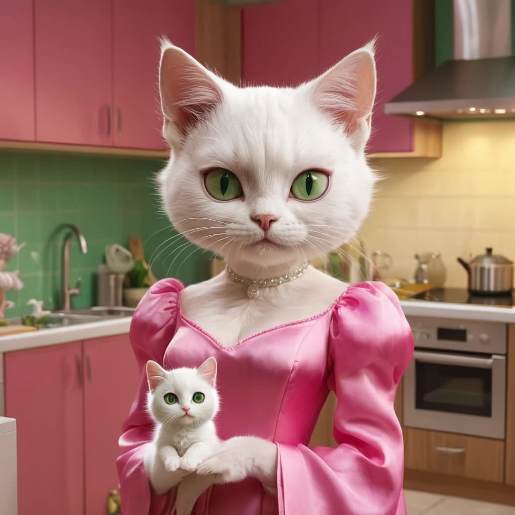 A cute anthropomorphic white cat woman, with woman figure, beautiful face with big green eyes, dressed in a pink silk dress, slippers, with an iPhone in her hands, against the background of a kitchen in a modern apartment, with a mess ,Disney cartoon style