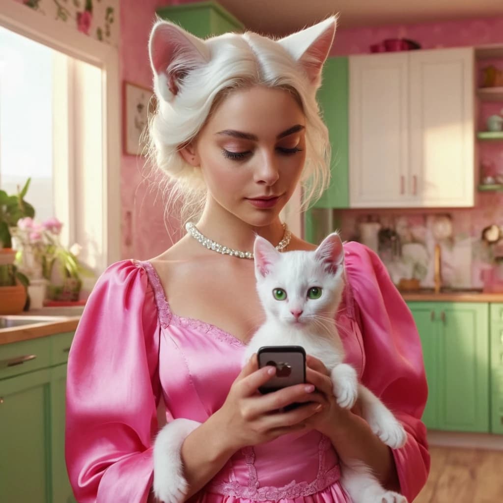 A cute anthropomorphic white cat woman, with woman figure, beautiful face with big green eyes, dressed in a pink silk dress, slippers, with an iPhone in her hands, against the background of a kitchen in a modern apartment, with a mess ,Disney cartoon style