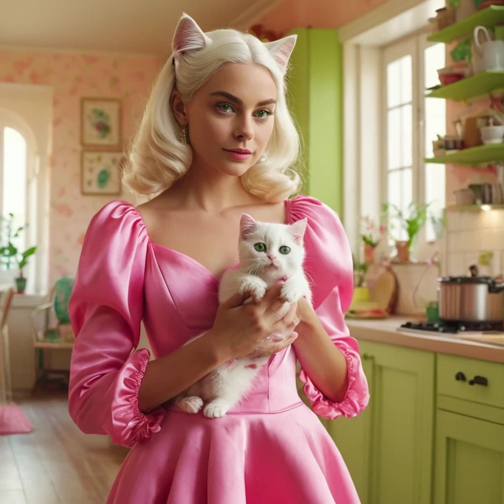 A cute anthropomorphic white cat woman, with woman figure, beautiful face with big green eyes, dressed in a pink silk dress, slippers, with an iPhone in her hands, against the background of a kitchen in a modern apartment, with a mess ,Disney cartoon style