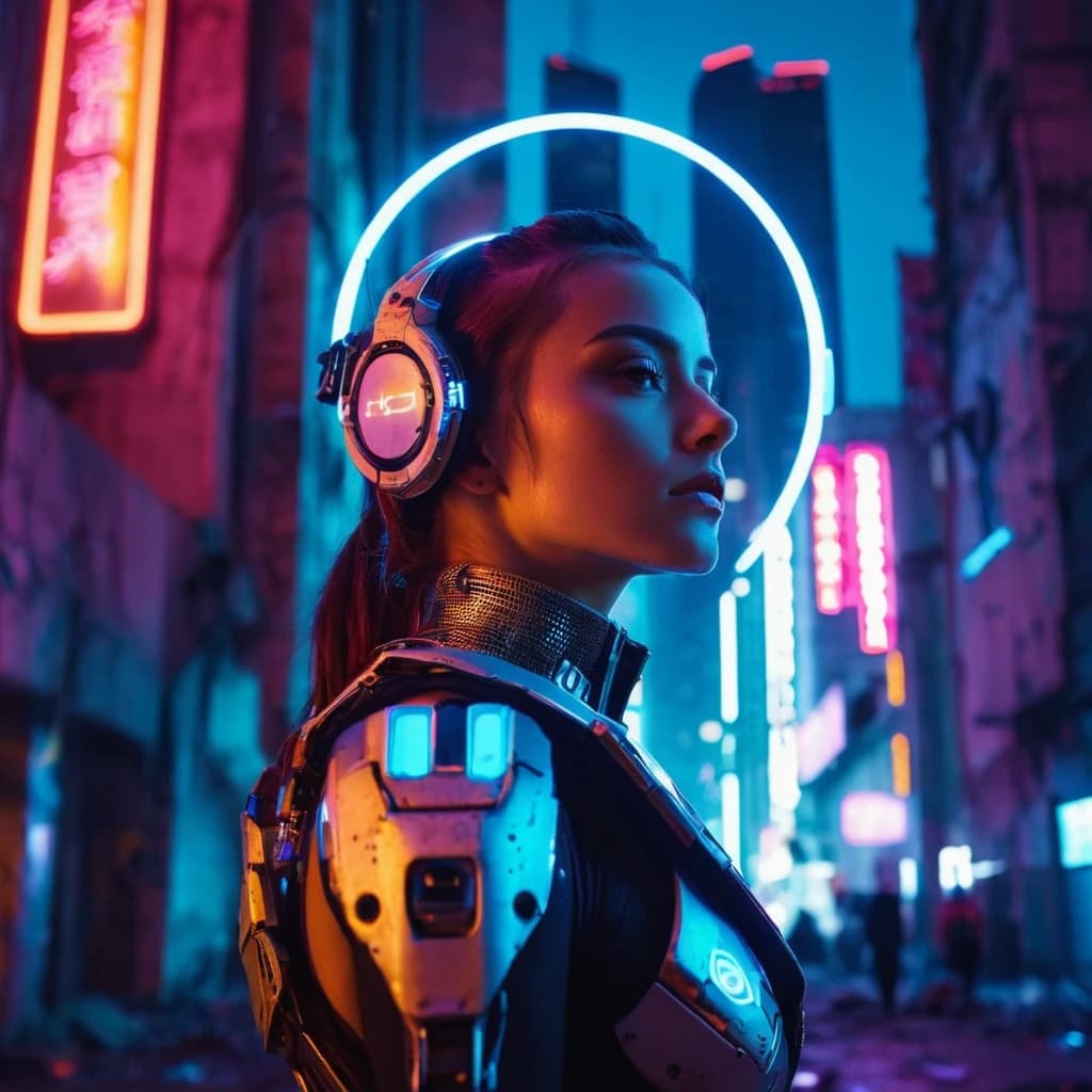 A cyborg girl with a halo over her head. It stands in a ruined and abandoned city