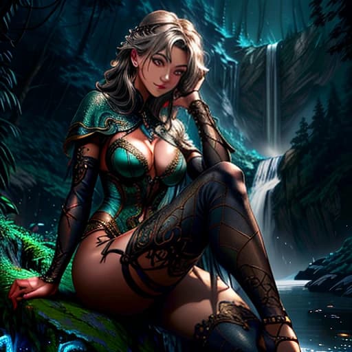 kat girl, beautiful smile, sitting, foot bent, one hand on knees, the other hand holding her leg, posing, web, near a cave, waterfall, night (dark shot:1.17), epic realistic, faded, ((neutral colors)), art, (hdr:1.5), (muted colors:1.2), cinematic, warm lights, dramatic light, (intricate details:1.1), complex background, (rutkowski:0.8), (teal and orange:0.4), Details, ((intricate details)), hdr, ((intricate details))