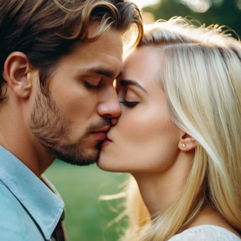 Brunette man and blonde girl kissing