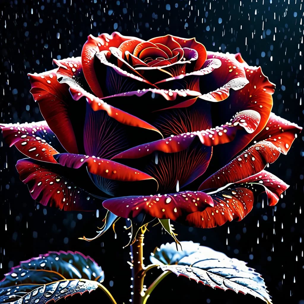 ASCII  Masterpiece, (cosy), (ultra high res, mj,best quality,highly detailed:1.5),(cinematic),(volumetric lighting, volumetric shadows:1.5),Amazing, (8k details),(photorealistic:1.4), (warm lighting,ray tracing,dynamic lighting:1.5),
a black rose up close illuminated by divine grace radiated with ancestral light on a rainy day