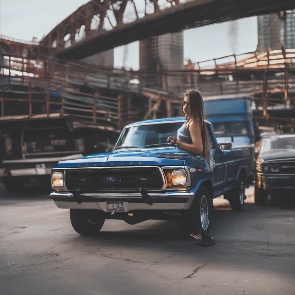 standing next to the car, on ford mustang 1968 car dark blue color, brunette random different hair girl, tight-fitting clothes, derailed skin, bad photo composition, accidental photo, Reddit,