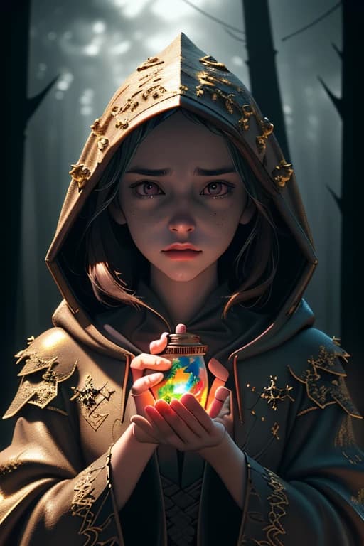 The castle is in the distance in the middle of the forest, with the silhouette of a dragon in the sky above it. Ahead is a brown-haired girl in whose hands the light of magic shines. She is wearing a robe and a hood partially conceals her face