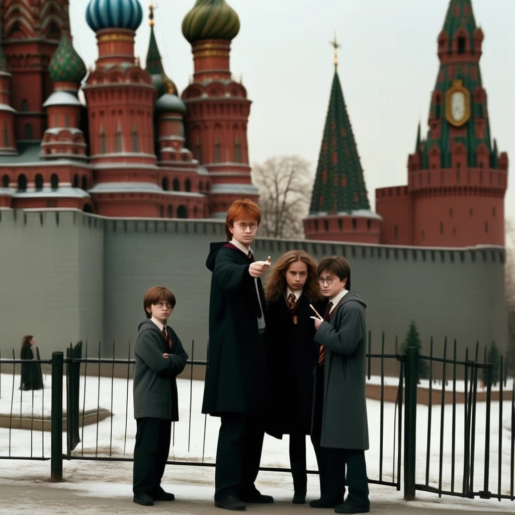 гарри поттер стоит у кремля и курит косяк, а гермиона и рон стоят на заднем фоне у забора и ссут