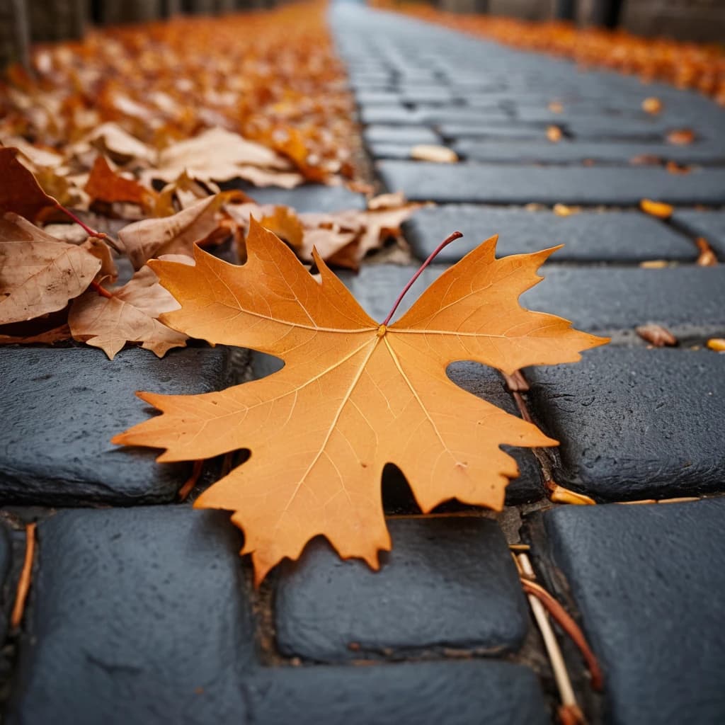 Envision a hyper-realistic, photographic representation of a solitary, lies autumnal oak leaf resting upon lies horizontally on the ground a cobblestone street in a quaint, nondescript town. The leaf, a focal point of chromatic vivacity amidst an otherwise monochromatic scene, exhibits a dichotomous coloration:one half resplendent in warm orange hues, the other a rich, burnished copper-red. The surrounding milieu is characterized by its muted, grayscale palette, imbuing the image with a sense of melancholic ambiance.